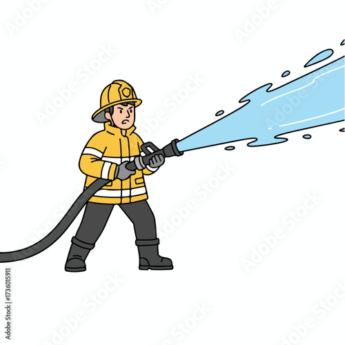 Brave Firefighter Spraying Water with Hose in Emergency Situation
