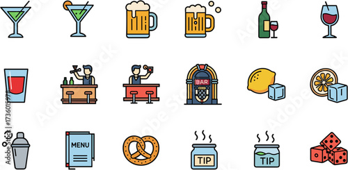 Flat Color Filled Outline Drink and Food Bar Icon Set