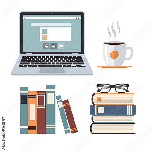 Laptop Coffee and Books Illustration for Study and Work on transparent background