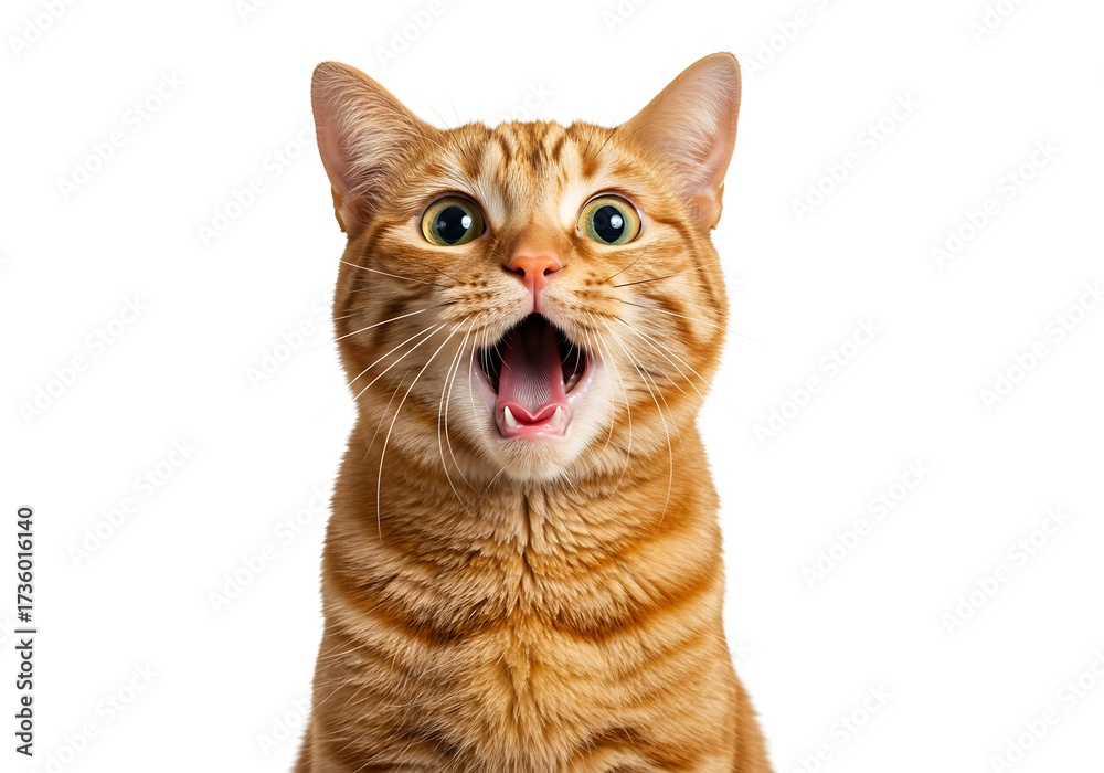 Fototapeta premium A surprised ginger cat with wide eyes and open mouth, isolated on white background.