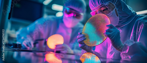 A worker wearing protective clothing and goggles holds a semiconductor wafer in a laboratory equipped with modern equipment.
In demand for materials on high technology, microchip manufacturing 
