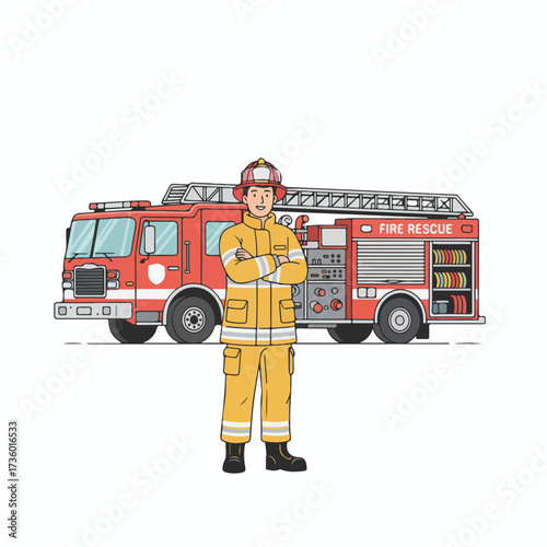 Brave Firefighter Standing Tall with a Fire Truck Ready for Action