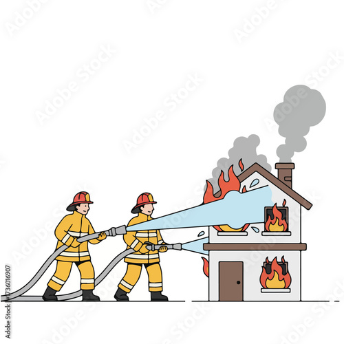 Firefighters Battling a House Fire with Hoses