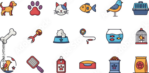 Cute Lineart Domestic Animal and Pet Care Icon Set Collection