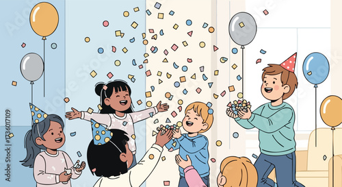 Group of Joyful Children Celebrating a Birthday or Party Indoors with Confetti, Balloons, and Party Hats