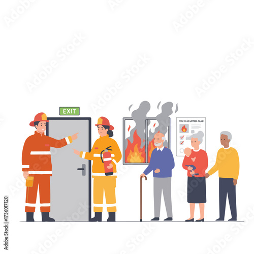 Firefighter Guiding People to Exit During Fire Emergency