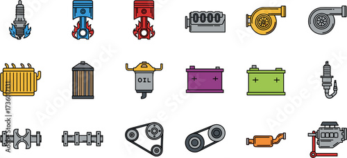 Minimalist Outlined Automotive Engine Parts Colorful Icon Set Design