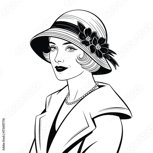 Elegant Black and White Line Art Portrait of a 1920s Flapper Woman Wearing a Wide- Brimmed Hat and Pearls