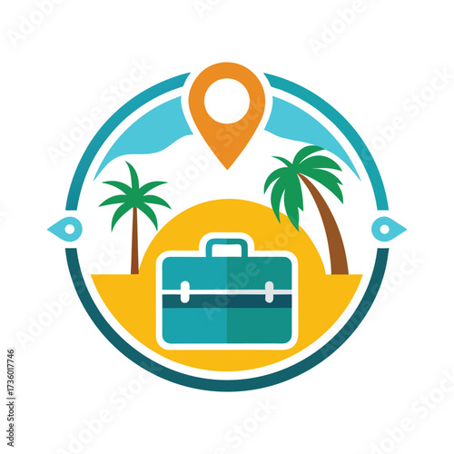 Tropical island getaway business trip suitcase palm trees sun beach destination travel icon concept emblem badge