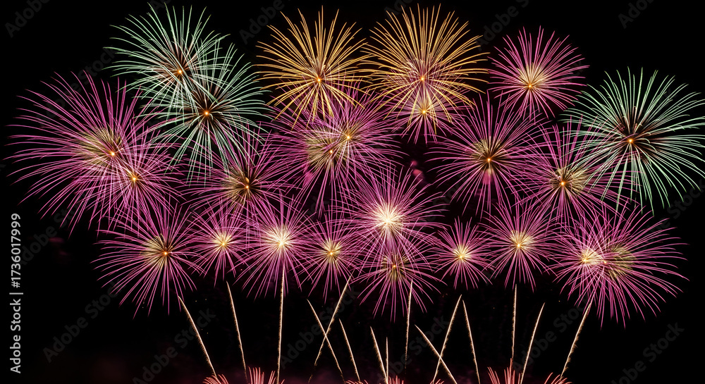 Fototapeta premium Stunning fireworks display with vibrant bursts of pink, gold, and green lighting up the dark night sky for a festive Diwali or New Year's celebration.
