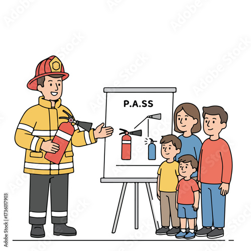 Firefighter Demonstrates Fire Safety to Family with Extinguisher Training
