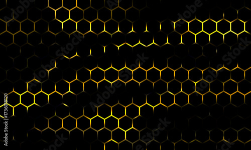 Black and yellow hexagonal technology vector abstract background. Yellow bright energy flashes under hexagon in modern technology futuristic background illustration. Dark gray honeycomb texture grid.