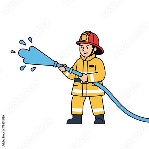 Firefighter with Hose Cartoon Illustration of a Heroic Rescuer