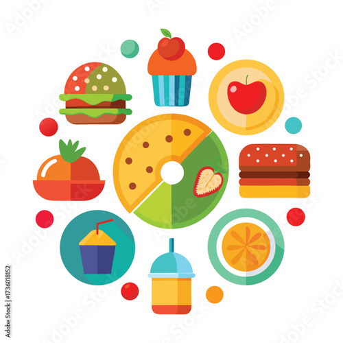 Whimsical assortment of delicious fast food and sweet treats artfully arranged in a circular composition for culinary delight