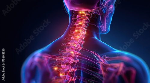 3D anatomical illustration of the human neck and upper spine, highlighting pain points