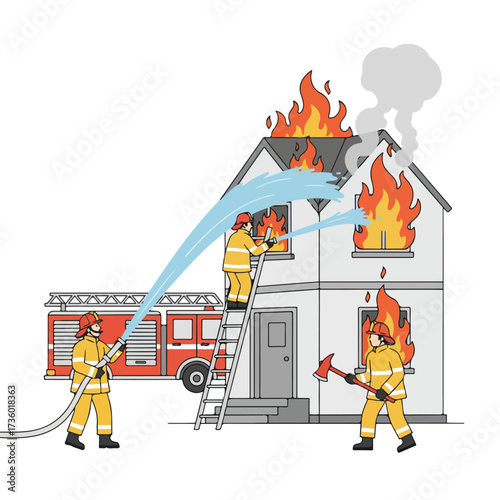 Professional firefighter team demonstrating quick response to a house fire emergency
