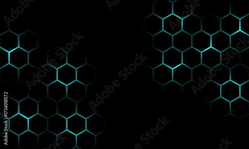 Dark hexagon abstract technology background with violet and peach colored bright flashes under hexagon. Hexagonal gaming vector abstract tech background.