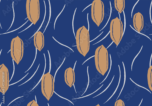 Hand drawn Japanese rice grain seamless pattern with flowing leaves brush lines. Organic, rustic, and symbolic design for fabric, textile, wallpaper, or surface decoration.