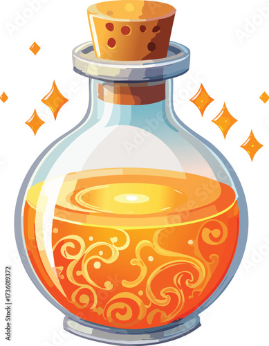 A glowing, orange magic potion in an ornate bottle with a cork. A vector illustration for fantasy, games, and magical concepts. Generative AI