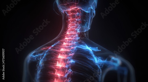 Spine anatomy, highlighted in glowing,  translucent colors