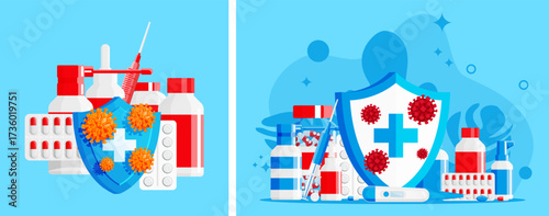 Medical health shield defending against virus. Medicine, pills, vaccine, and syringe for influenza prevention. Immunity and healthcare concept.