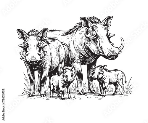 Detailed warthog family illustration in a vintage sketch style, featuring adults and piglets in the wild.