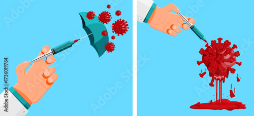 Doctors hand with syringe injecting vaccine into red virus. Vaccine protection and effective treatment concept for global pandemic. Vaccination for human health.