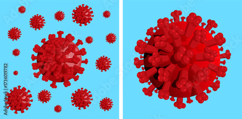 Red coronavirus cells floating in a blue background. Medical illustration of virus for health and science concept. Danger and outbreak theme.