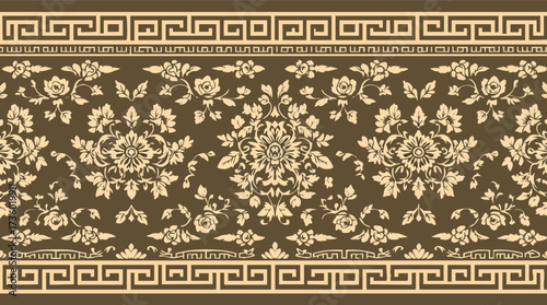 Decorative horizontal border with Greek key and floral motifs in beige and brown meander.