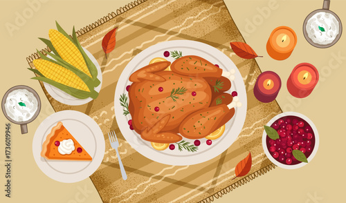 Festive Thanksgiving feast of turkey, corn, pumpkin pie, and cranberry sauce creates a warm, inviting atmosphere perfect for seasonal celebrations