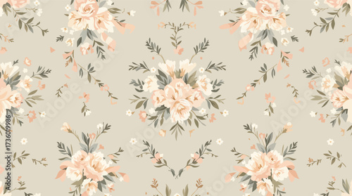 Delicate Peach and Cream Floral Pattern on a Light Beige Background vector illustration.