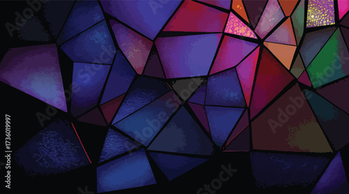Dark Abstract Stained Glass Mosaic with Textured Geometric Shapes vector illustration.