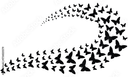 Flowing wave of black butterfly silhouettes creating a sense of movement and grace swarm flock