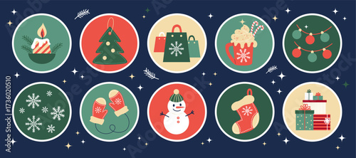 Merry Round Sticker Set. Isolated Christmas labels Planner with cute snowman, New Year Gifts, Candle, Hot Cocoa, Garland, Stocking and Xmas Tree. Vector illustration in flat style. Not AI