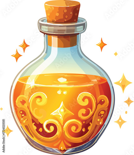 A glowing, orange magic potion in an ornate bottle with a cork. A vector illustration for fantasy, games, and magical concepts. Generative AI