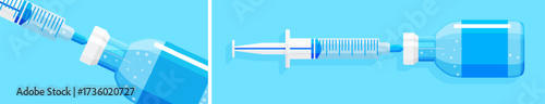 Syringe drawing vaccine from vial. Medical drug injection. Vaccination concept. Healthcare and prevention. Flat style illustration.