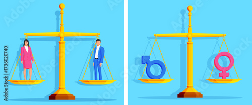 Woman and man on scales with gender symbols. Gender equality and inequality concept for justice or discrimination. International women's day.