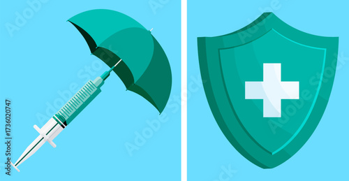 Syringe under an umbrella and a shield with a medical cross. Vaccination and health protection concept. Immunization against disease.