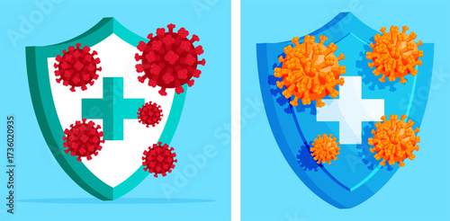 Virus cells attacking medical shield illustration. Concept of antivirus defense, immunization, and healthcare protection. Isolated flat design.