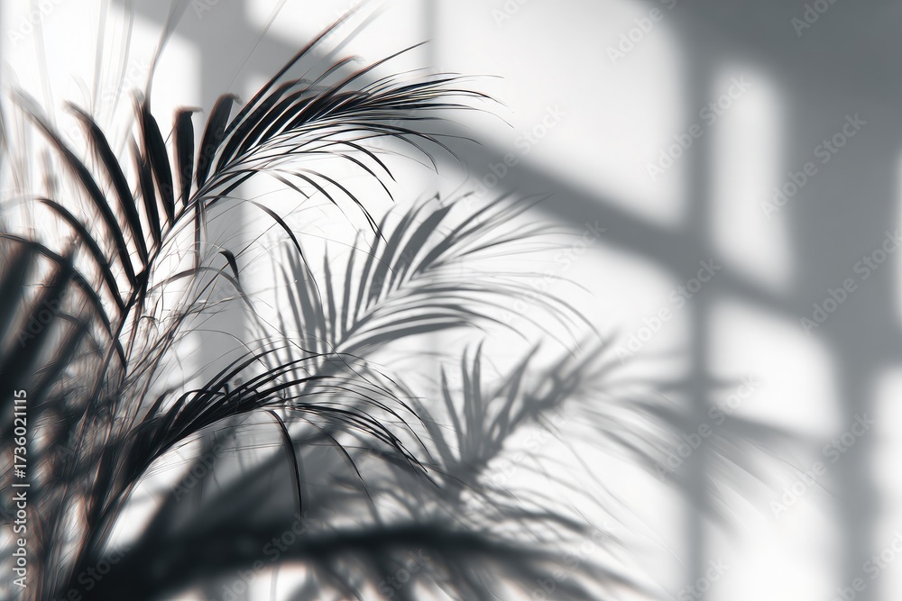 Fototapeta premium Palm leaves cast shadows on a white wall, through window grids