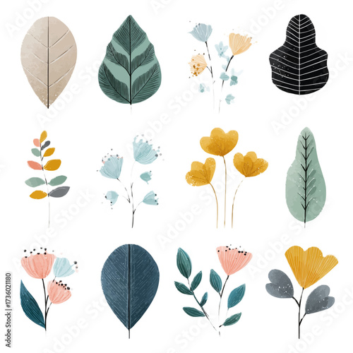 Set of 12 botanical leaves and flowers in flat vector illustration. Minimal modern style with pastel colors, clean design isolated on background.
