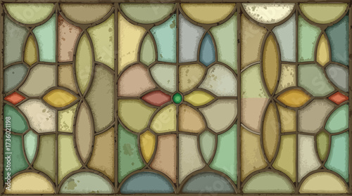 Stained Glass Window Panel with Geometric and Floral Motifs in Earthy Tones vector illustration.