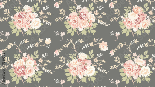 Vintage Floral Pattern with Pink and Cream Roses on a Grey Background flowers.