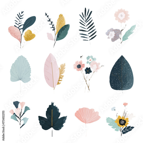 Set of 12 botanical leaves and flowers in flat vector illustration. Minimal modern style with pastel colors, clean design isolated on background.