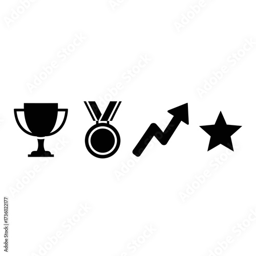 Trophy, medal, arrow up, and star icons in black and white.