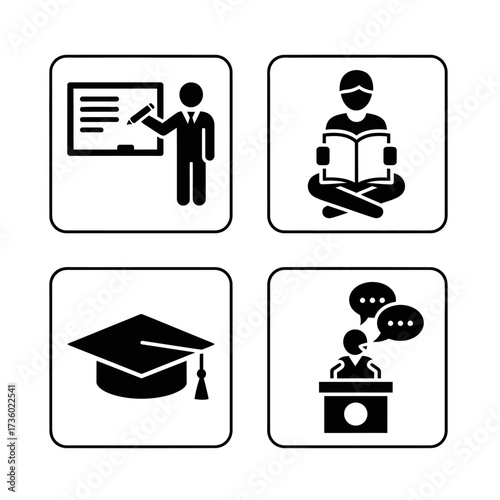 Education icons: teaching, reading, graduation, and public speaking.