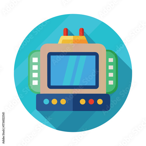 Retro futuristic control panel with glowing blue screen and colorful buttons for industrial automation and sci fi technology concepts