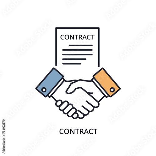 A simple line icon of a business agreement, featuring a handshake below a contract document.
