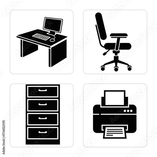 Four black and white icons representing common office furniture and equipment: a desk with a computer, an ergonomic chair, a filing cabinet, and a printer.