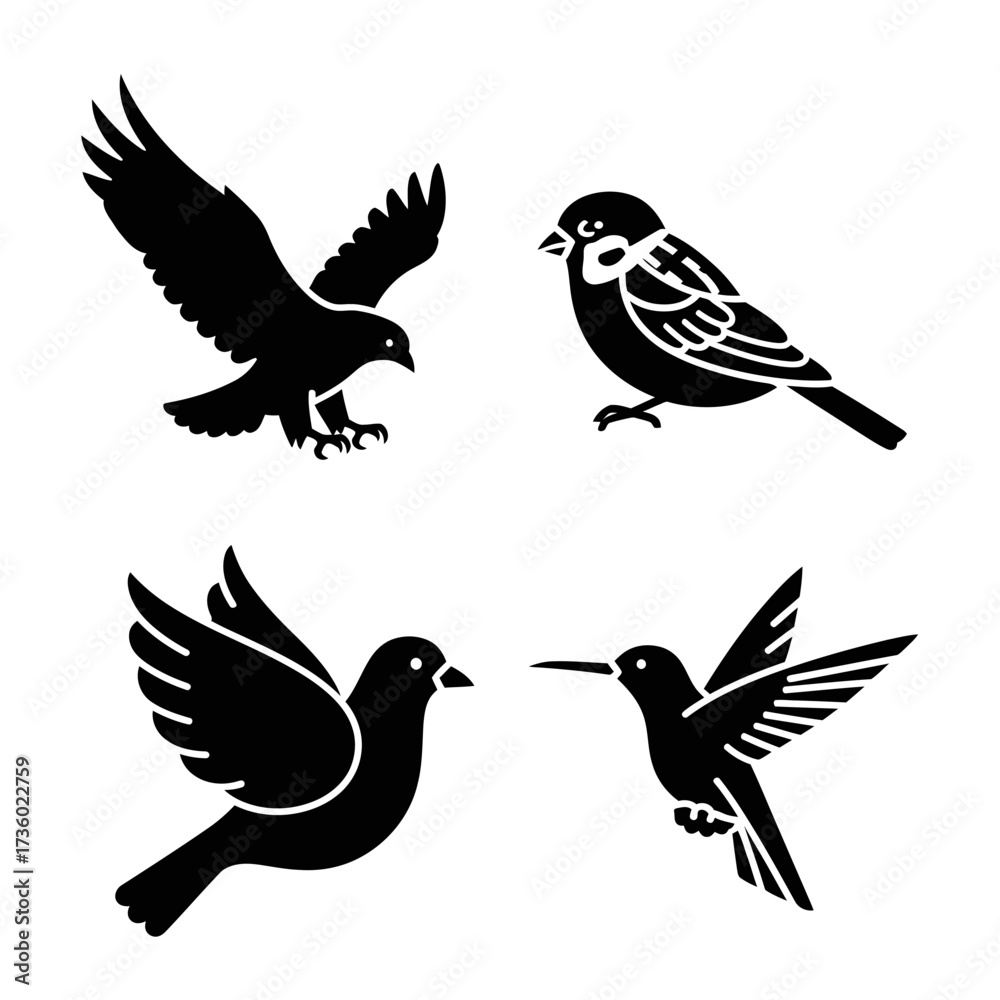Obraz premium Four black bird silhouettes: eagle, sparrow, dove, and hummingbird.